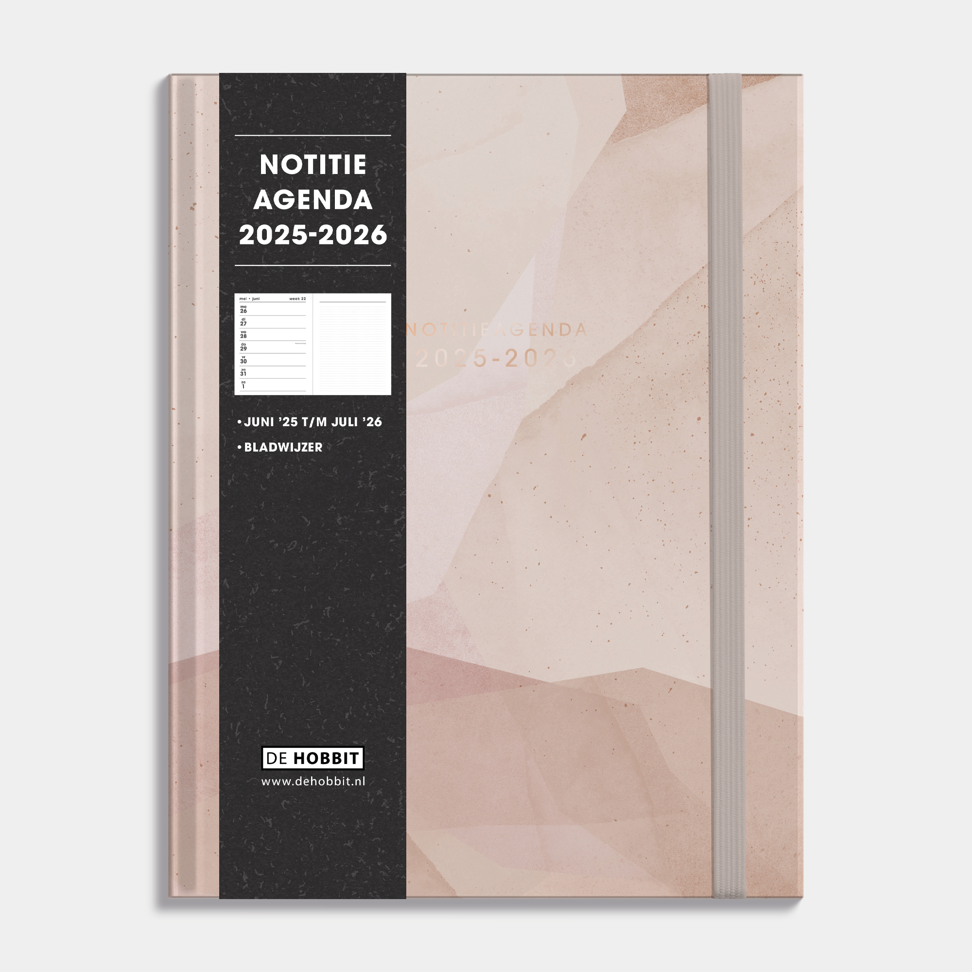 Notitieagenda 2025 - 2026 A4 met abstract oudroze design, harde cover en elastische sluiting – vooraanzicht met informatieve banderol.