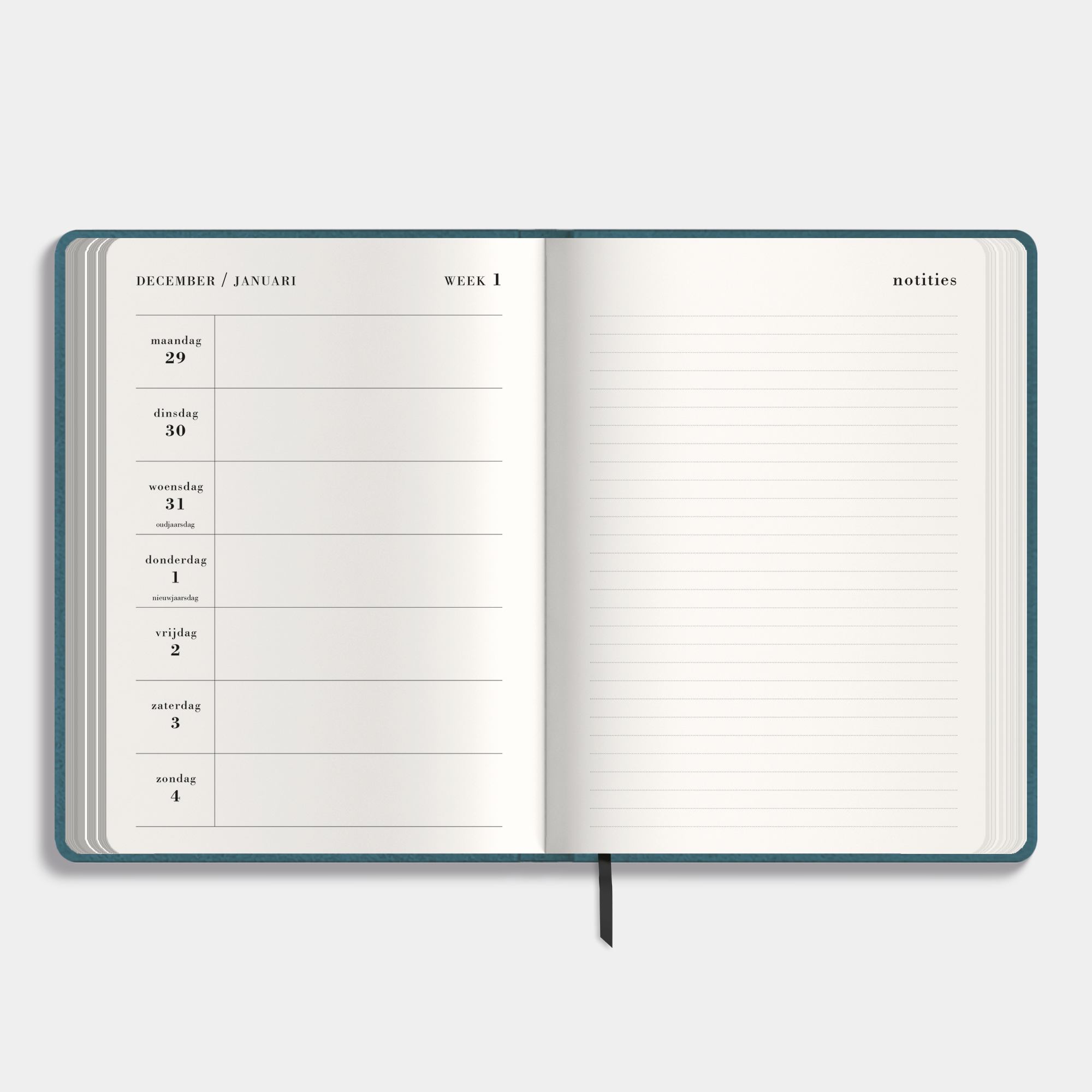 A5 notitieagenda 2026 met een flexibele tealkleurige suèdelook afwerking – binnenwerk met weekoverzicht en bladzijde voor notities
