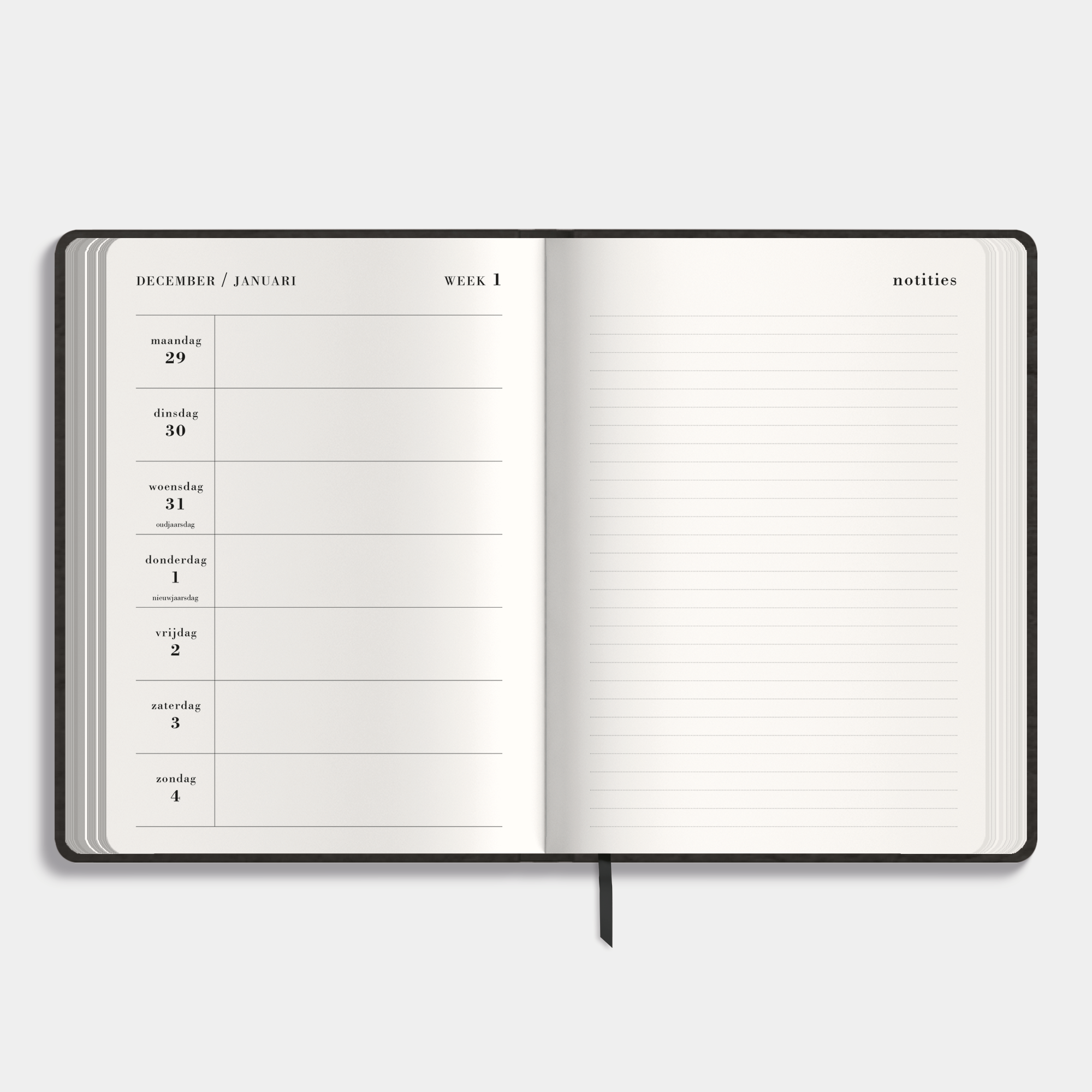 A5 notitieagenda 2026 met een flexibele zwarte coverhoes – binnenwerk met weekoverzicht en bladzijde voor notities.