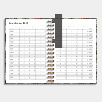 Ringband agenda 2025 - 2026 A5 met chique print van kraanvogels – binnenwerk met jaarplanner.