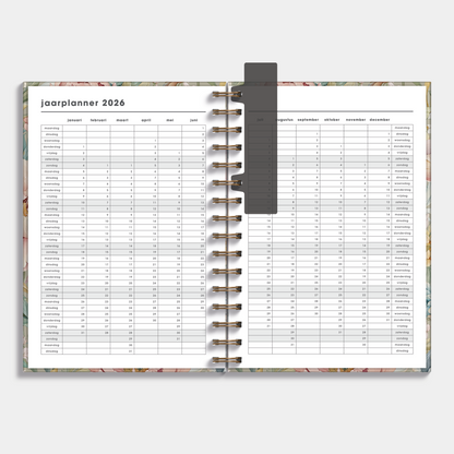 Ringband agenda 2025 - 2026 A5 met vintage bloemenprint – binnenwerk met jaarplanner.