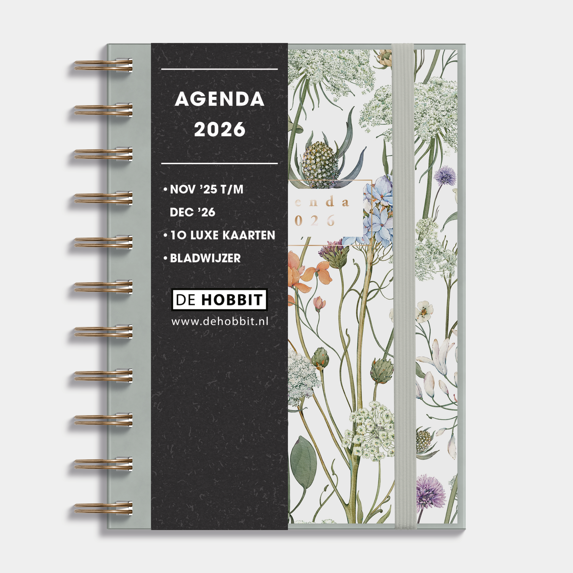 A6 ringband agenda 2026 met print van weidebloemen op insteekkaart, flexibele cover en elastische sluiting – vooraanzicht met informatieve banderol.