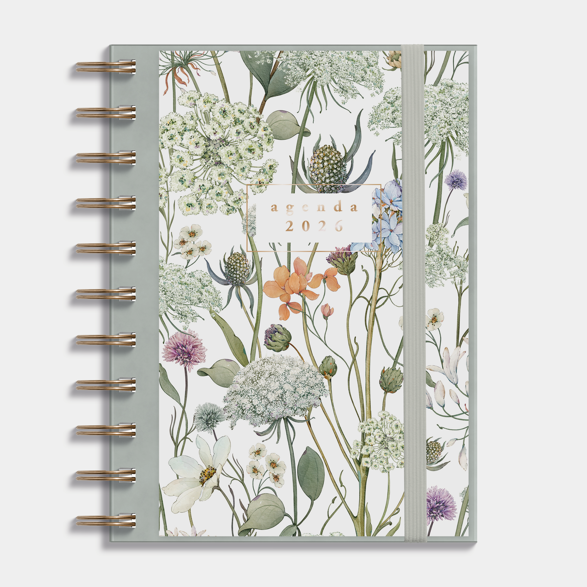 A6 ringband agenda 2026 met print van weidebloemen op insteekkaart, flexibele cover en elastische sluiting – vooraanzicht.