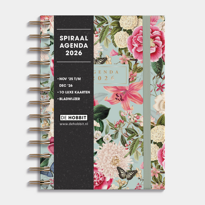 Ringband agenda 2026 met brocante print, harde cover en elastische sluiting – vooraanzicht met informatieve banderol.