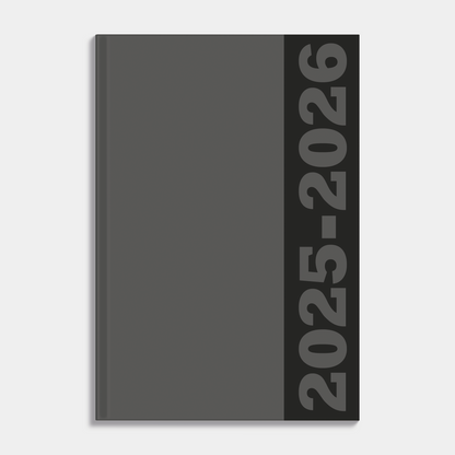 A5 schoolagenda 2025-2026 met grijze, harde cover – vooraanzicht.