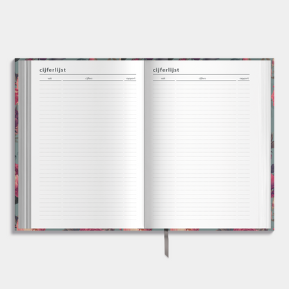 A5 schoolagenda 2025-2026 met klassieke print met rode bloemen en harde cover – binnenwerk met ruimte voor cijferlijsten.