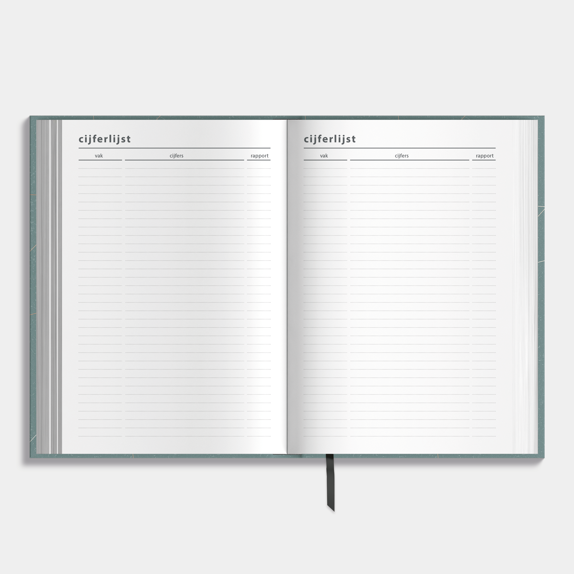 A5 schoolagenda 2025-2026 met groene, harde cover en goudfolielijnen – binnenwerk met ruimte voor cijferlijsten.