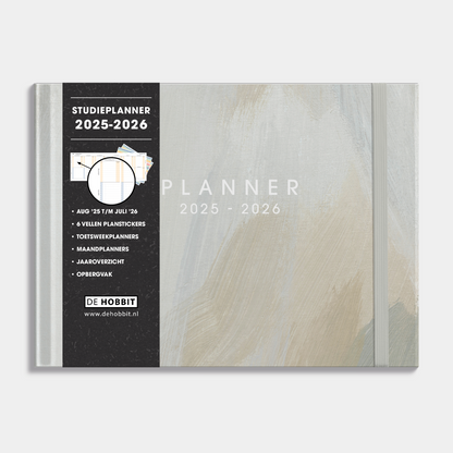 Studieplanner 2025-2026 A5 met design van grijsgroene verfstreken, met harde cover en elastische sluiting – vooraanzicht met informatieve banderol.