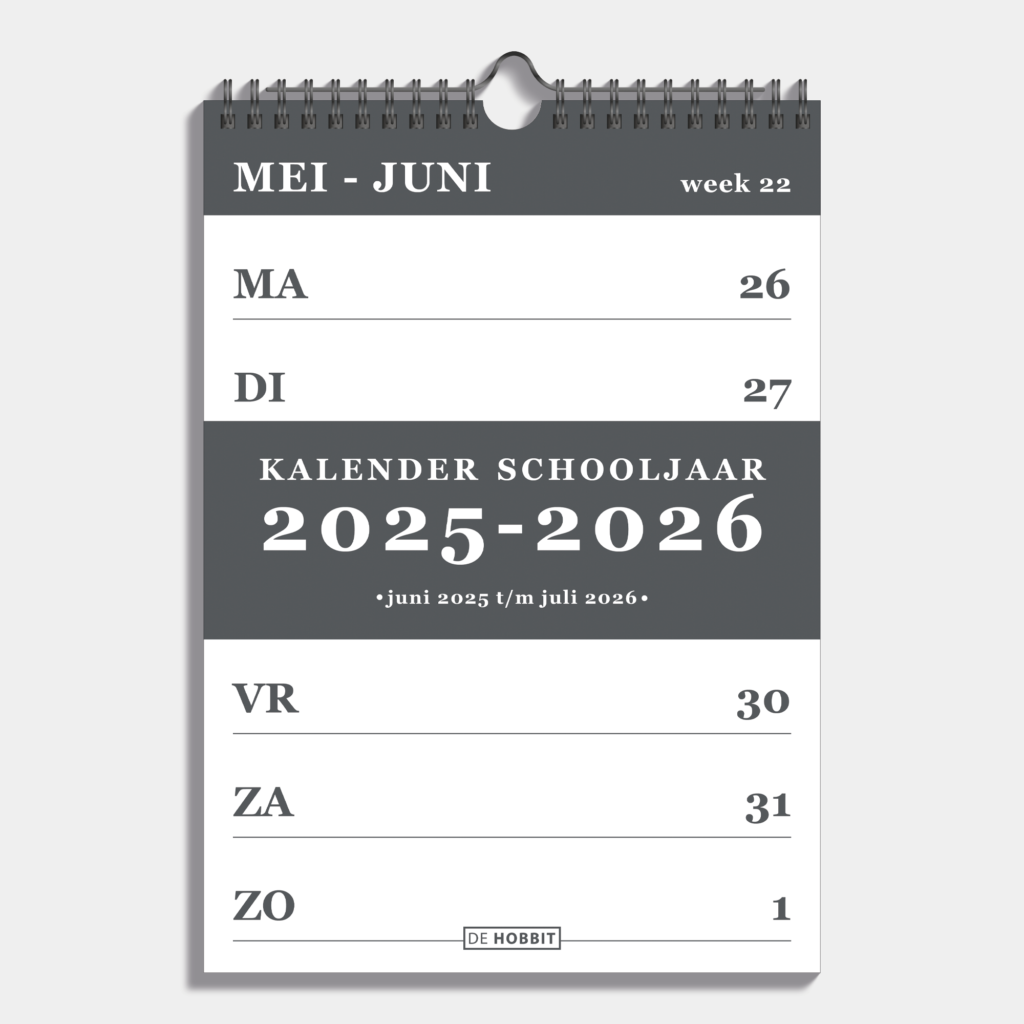Weekkalender schooljaar 2025 - 2026 A4 met grijze accenten en metalen spiraal – vooraanzicht.