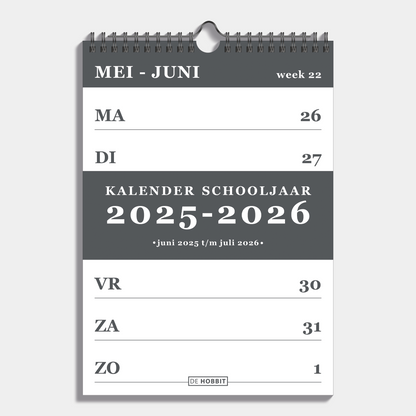 Weekkalender schooljaar 2025 - 2026 A4 met grijze accenten en metalen spiraal – vooraanzicht.