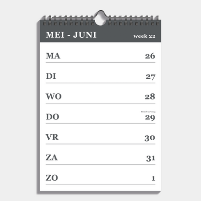 Weekkalender schooljaar 2025 - 2026 A4 met grijze accenten en metalen spiraal – binnenwerk met weekoverzicht.