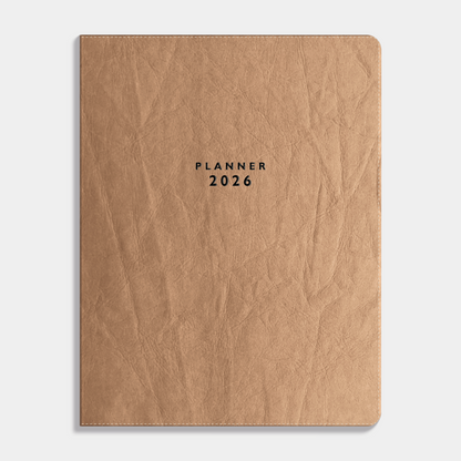 Weekplanner 2026 A4 met flexibele bruine washed craft coverhoes – vooraanzicht.