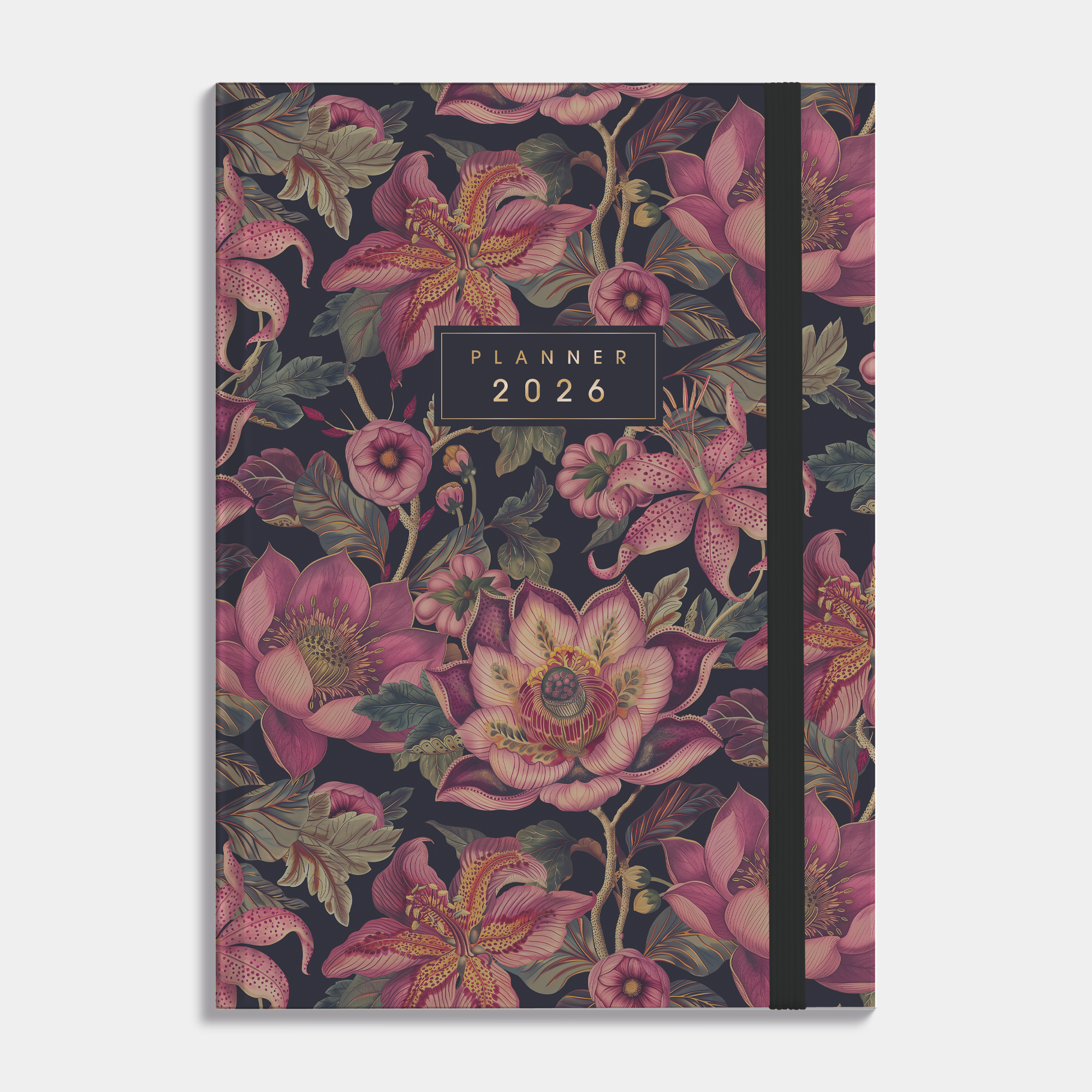 A4 planner 2026 met klassieke print van lelies, passiebloemen en pioenen in rode tinten – vooraanzicht.