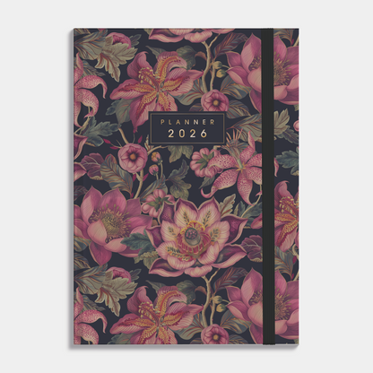 A4 planner 2026 met klassieke print van lelies, passiebloemen en pioenen in rode tinten – vooraanzicht.
