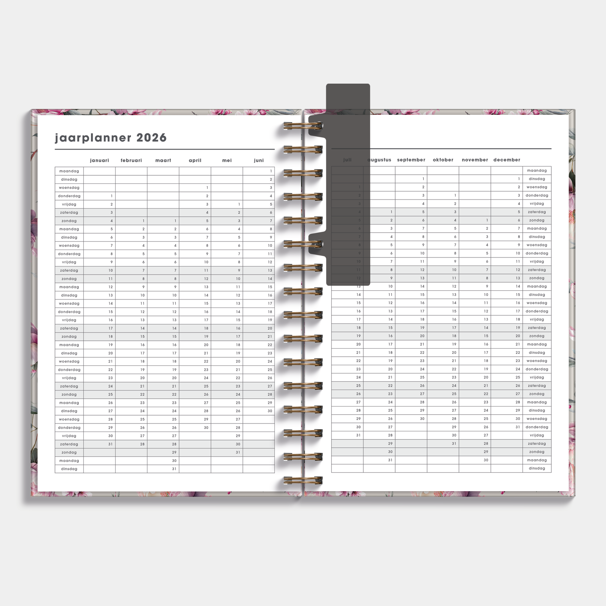 spiraalgebonden planner 2026 in A5 met kersenbloesemprint – binnenwerk met jaarplanner.