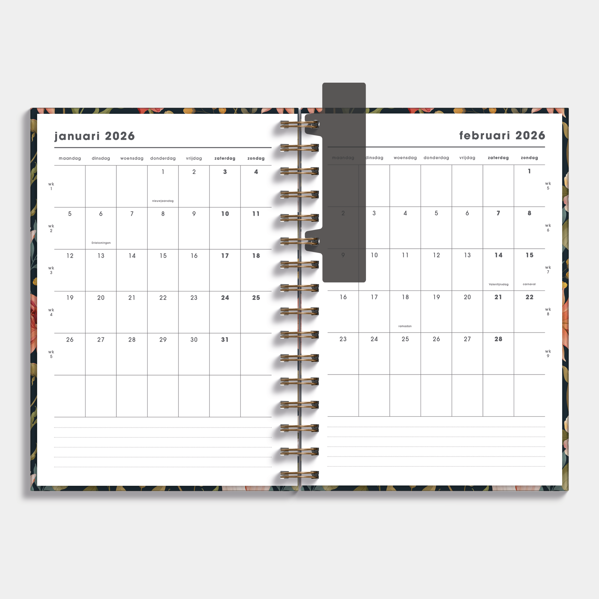 spiraalgebonden planner 2026 in A5 met vintage bloemenprint – binnenwerk met maandplanner.