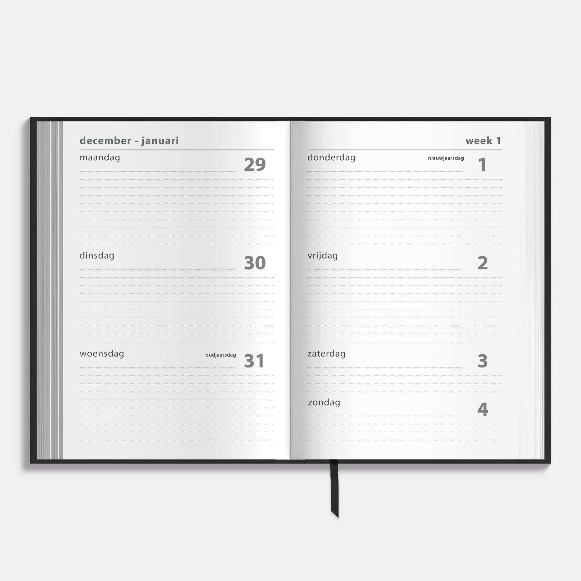 Basic agenda 2026 met harde zwarte kaft en zilverfolie opdruk – binnenwerk met weekoverzicht.