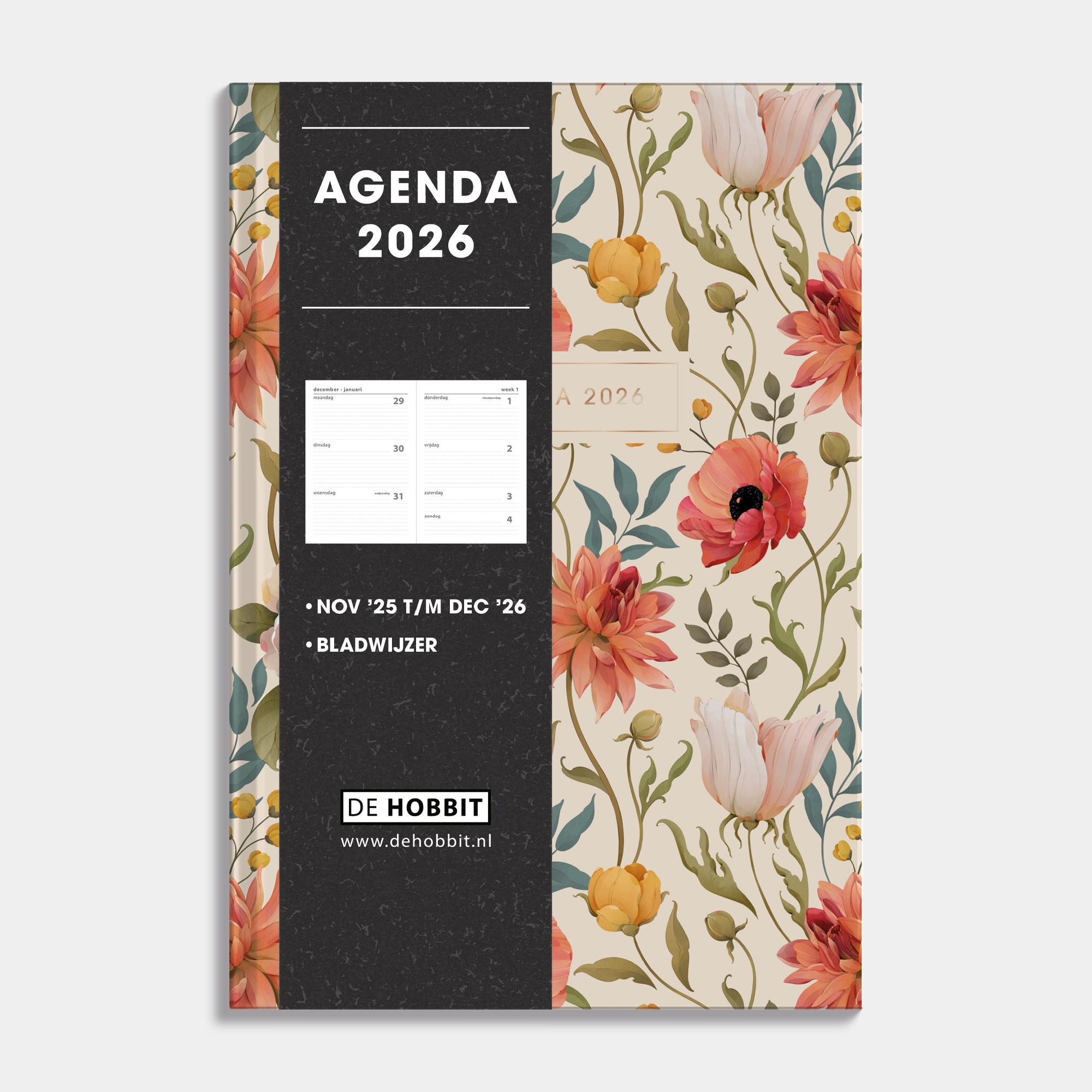 Basic agenda 2026 met harde kaft die is voorzien van een vintage design met bloemen – vooraanzicht met informatieve banderol.