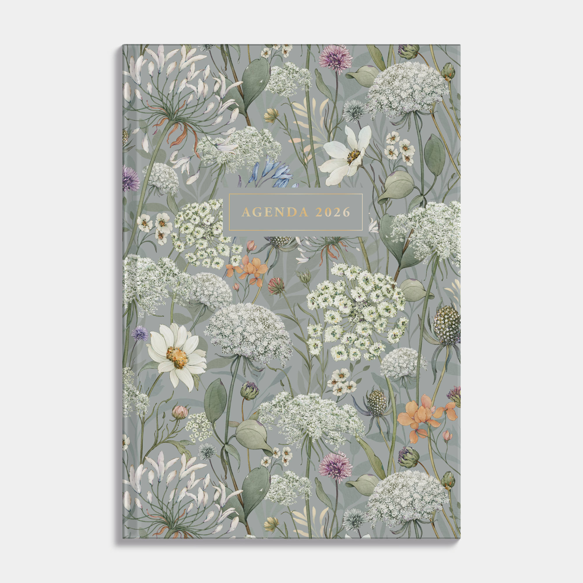 basic agenda 2026 met een print van weidebloemen op een zachtgroene achtergrond – vooraanzicht.