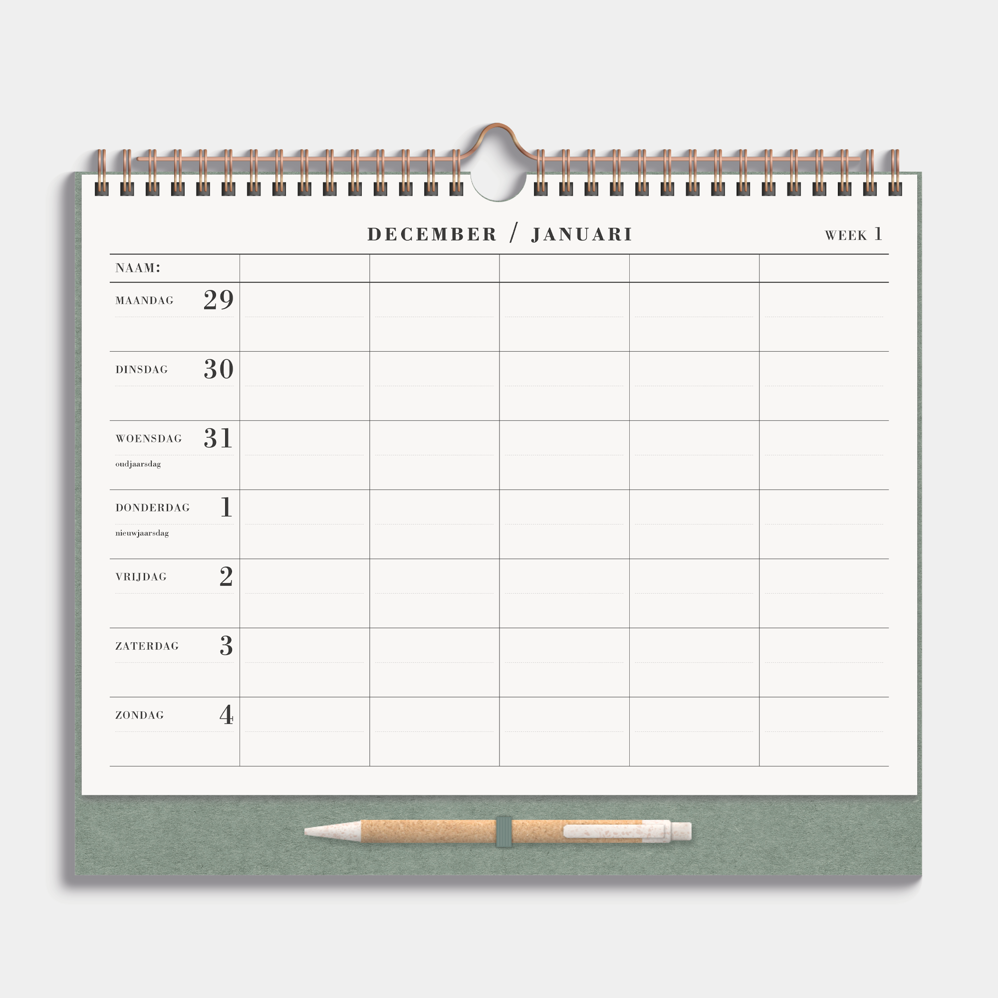 Familieplanner 2026 A4 met crèmekleurig papier, metalen spiraal en pen – weekoverzicht