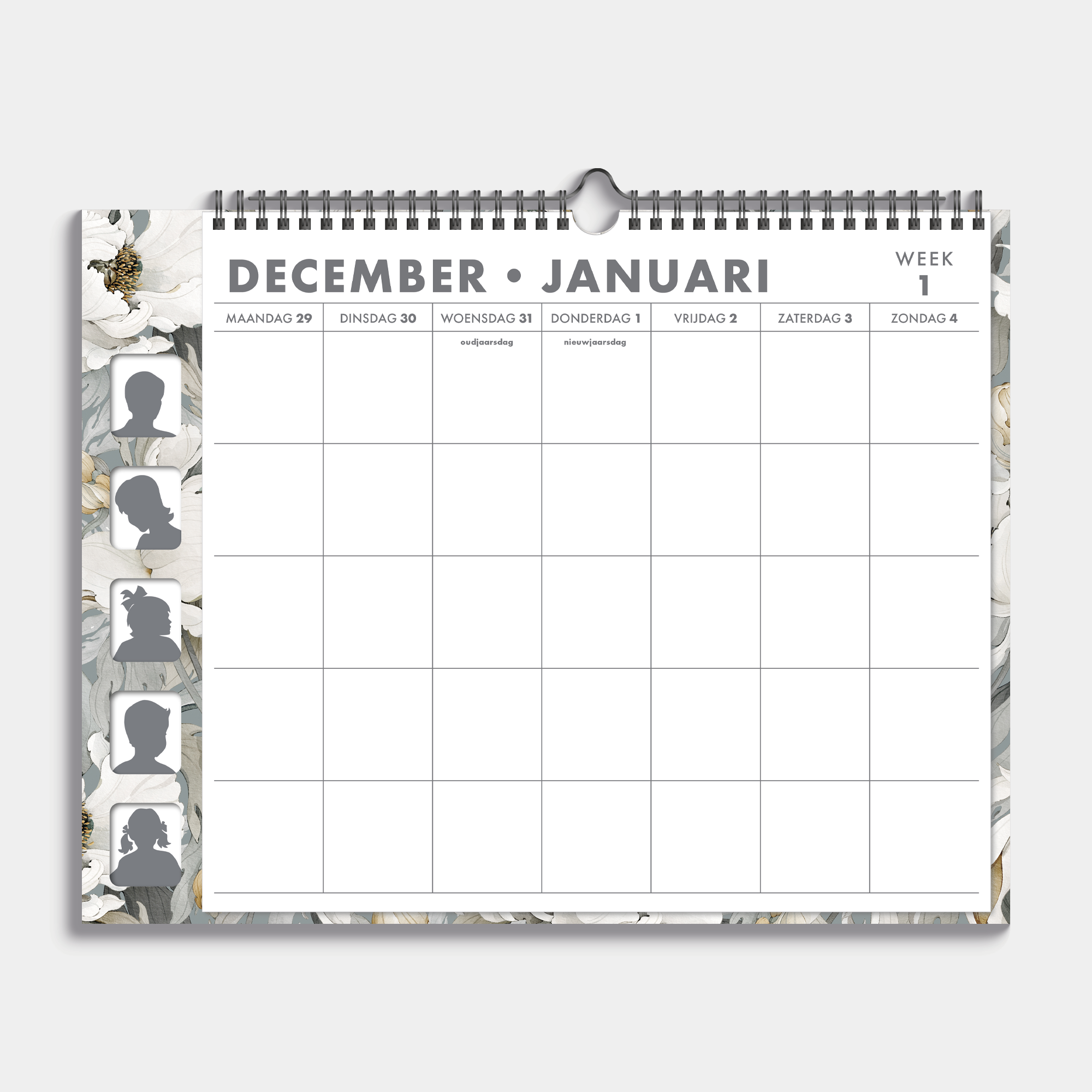 Familieplanner 2026 met klaprozen print voor 5 personen, met ruimte voor pasfoto's en een stickervel – weekoverzicht.