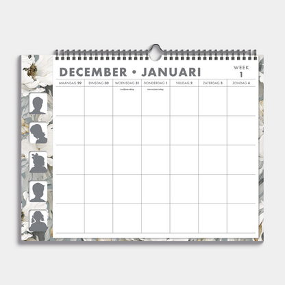 Familieplanner 2026 met klaprozen print voor 5 personen, met ruimte voor pasfoto's en een stickervel – weekoverzicht.