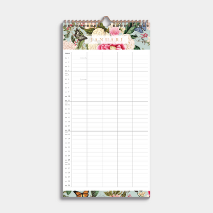 familieplanner 2026 in half A3 formaat met een brocante print van bloemen en vlinders – maandoverzicht.