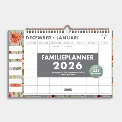 Familieplanner 2026 voor 6 personen met een print van vintage bloemen, met stickervel – vooraanzicht.