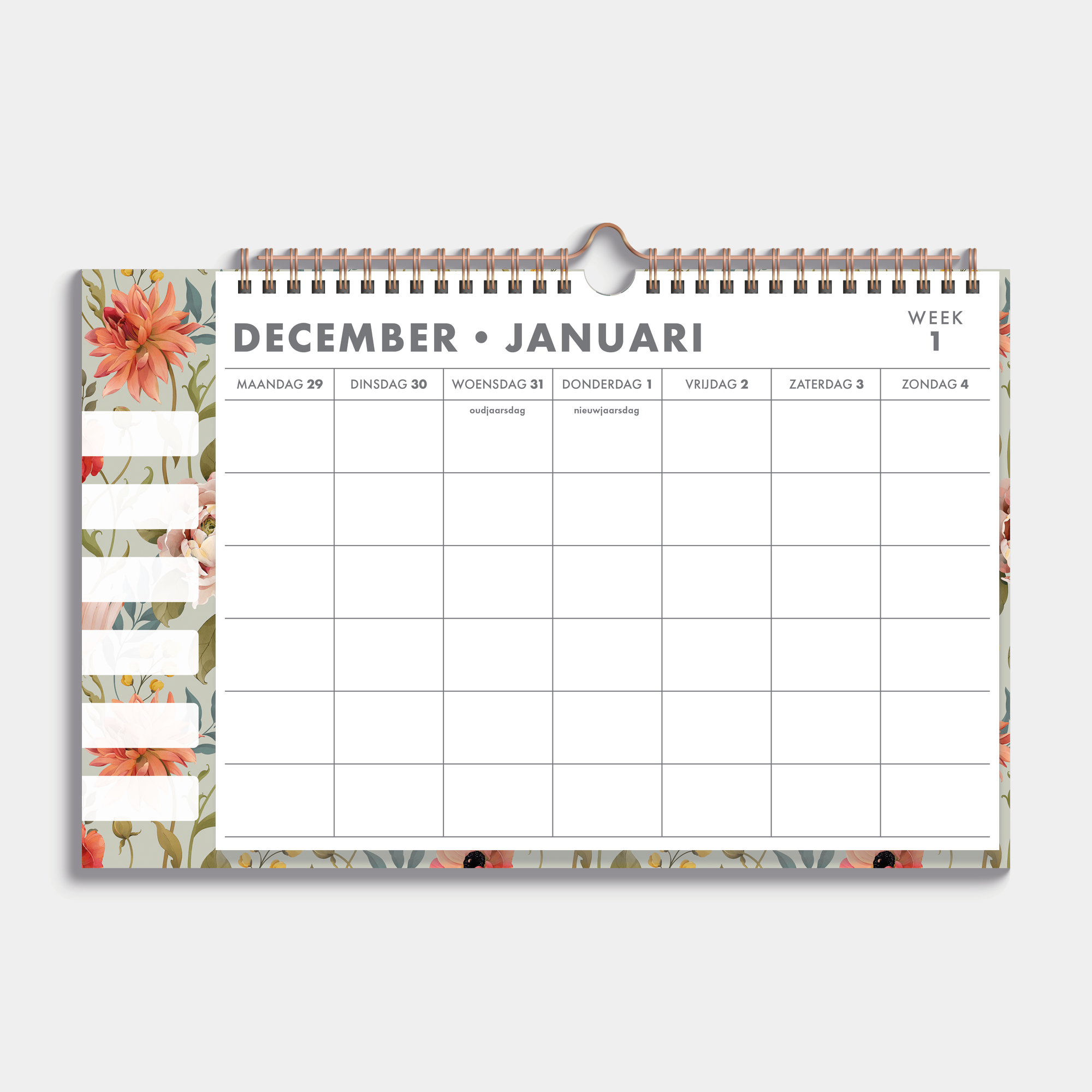 Familieplanner 2026 voor 6 personen met een print van vintage bloemen, met stickervel – vooraanzicht.