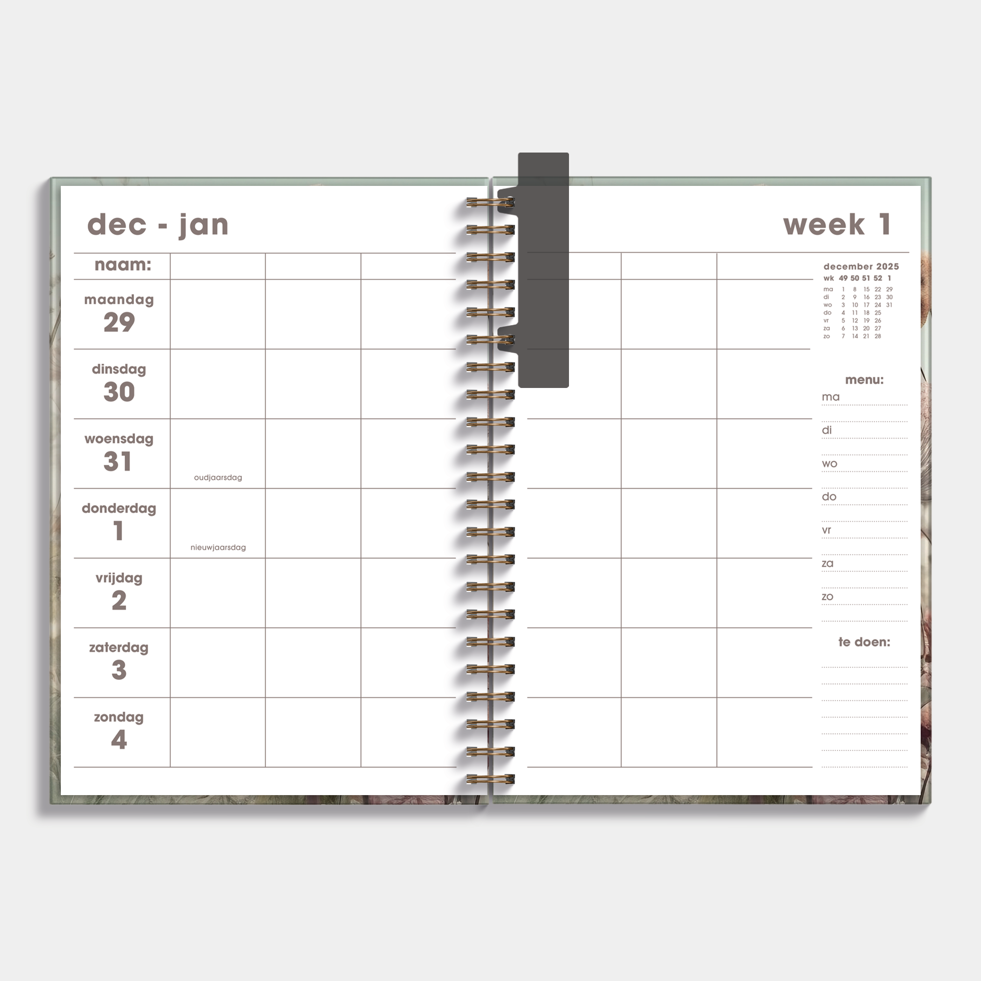 gezinsagenda 2026 A4 met veldbloemenprint – binnenwerk met weekoverzicht en ruimte voor het weekmenu en te doen lijstje.