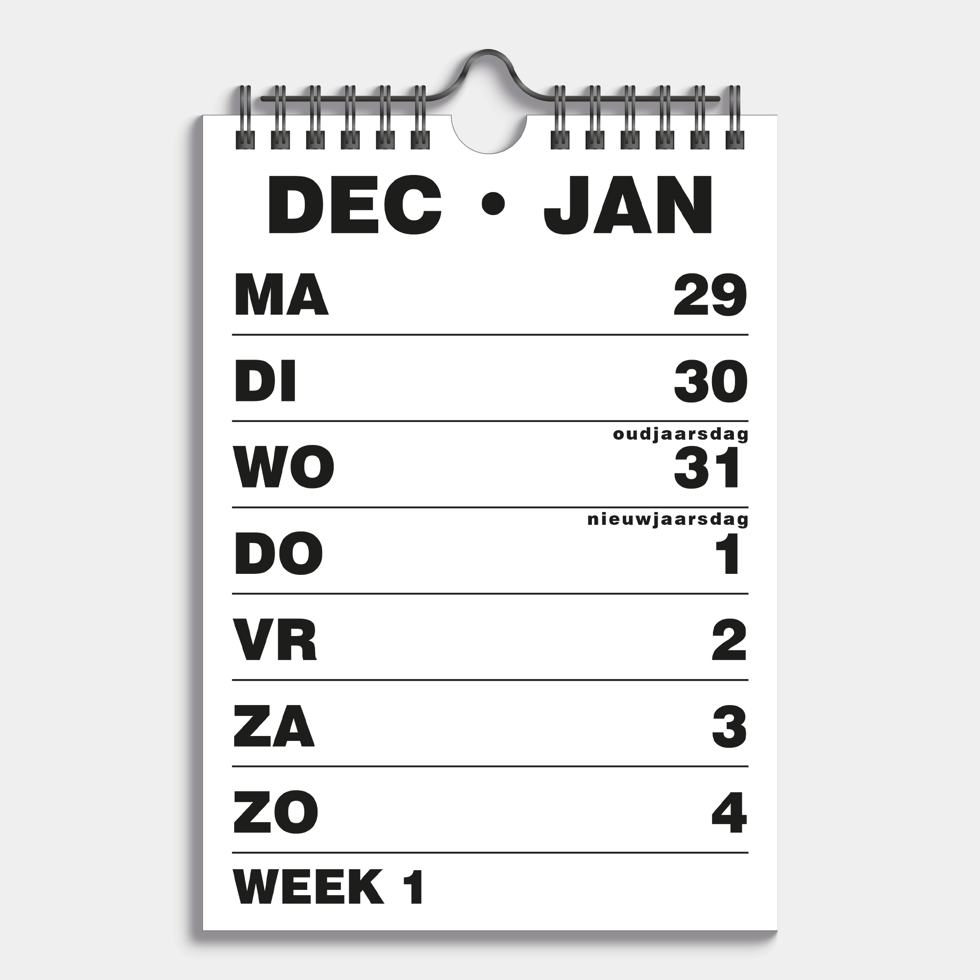 grootletter kalender 2026 met extra grote letters en cijfers, met metalen spiraal – binnenwerk met weekoverzicht.