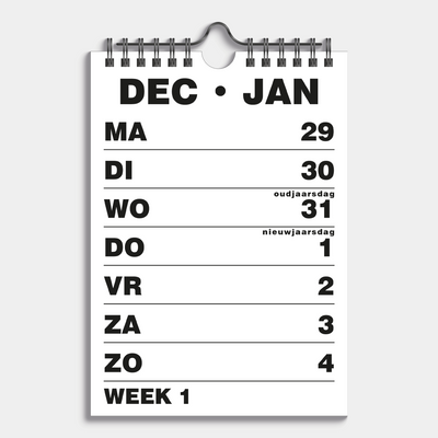 grootletter kalender 2026 met extra grote letters en cijfers, met metalen spiraal – binnenwerk met weekoverzicht.