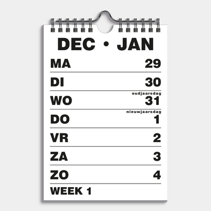 grootletter kalender 2026 met extra grote letters en cijfers, met metalen spiraal – binnenwerk met weekoverzicht.