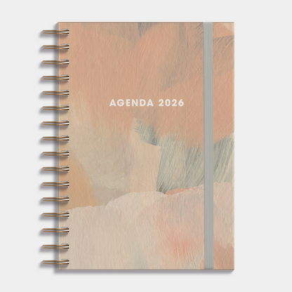 A5 ringband grootletter agenda 2026 met grijze en bruine verfstreken, harde cover – vooraanzicht.