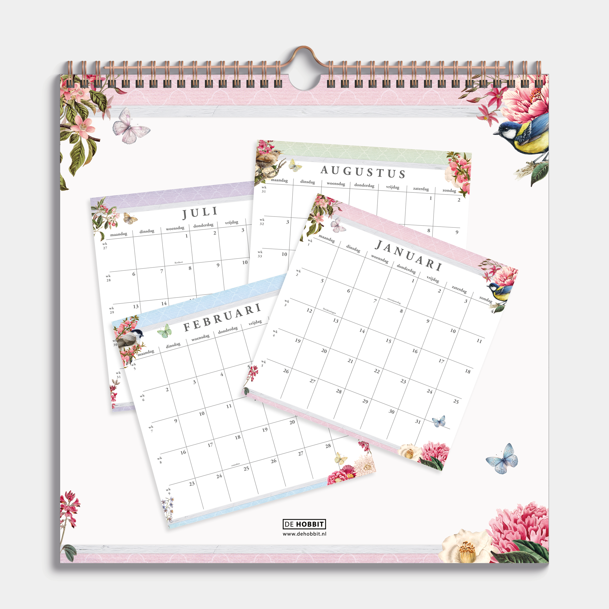 Spiraalgebonden jaarkalender 2026 met brocanteprint – achteraanzicht.