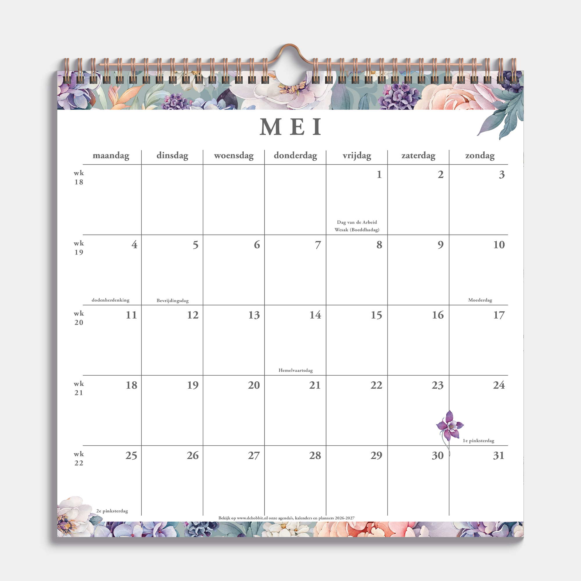 Spiraalgebonden jaarkalender 2026 met print van hortensia's – maandoverzicht.