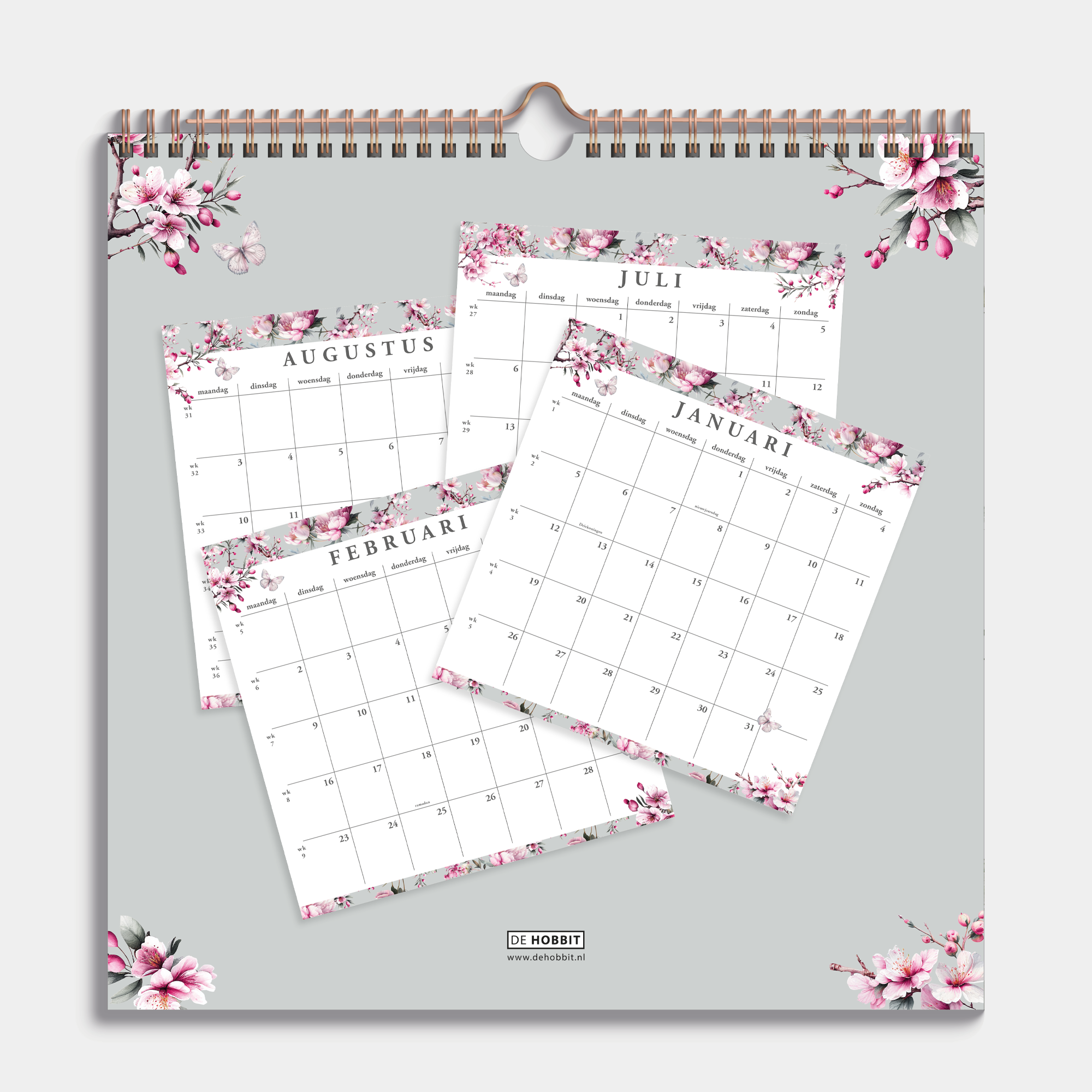 Spiraalgebonden jaarkalender 2026 met kersenbloesemprint – achteraanzicht.