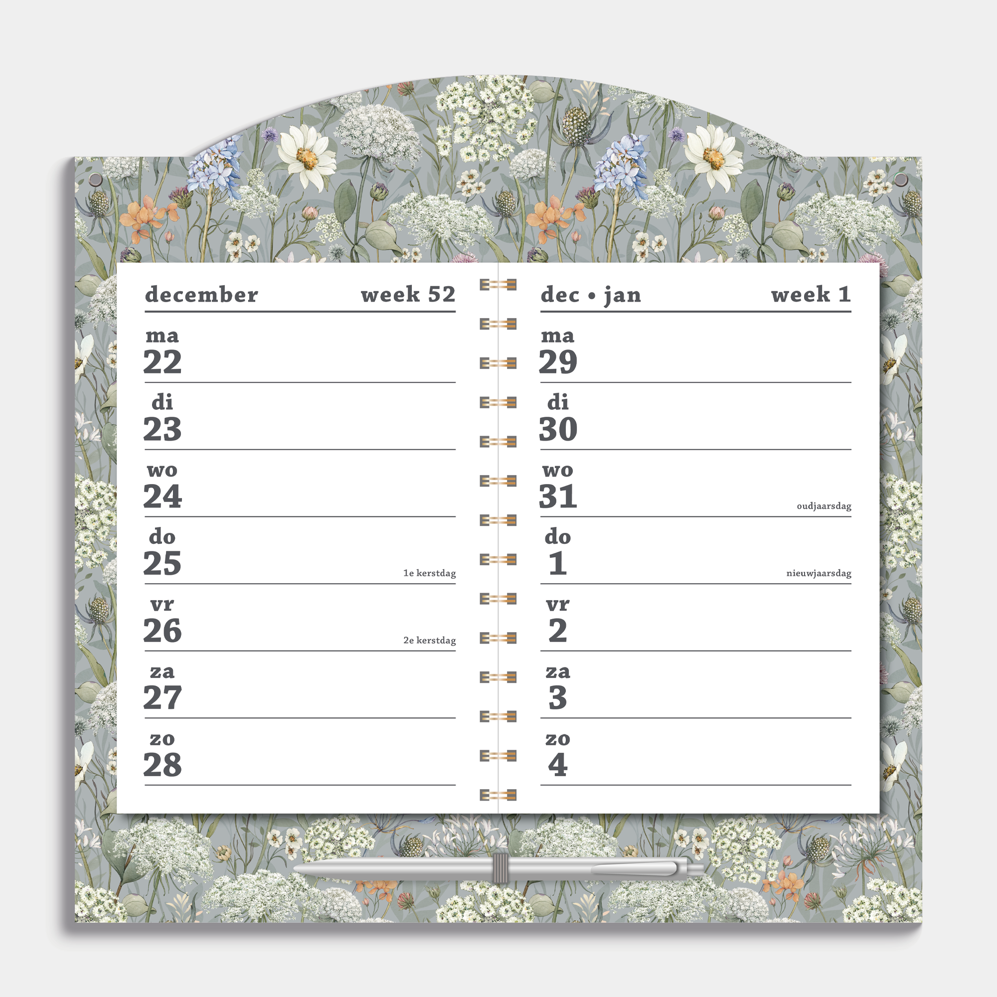Kalender 2026 met een 2-weeks overzicht op een kartonnen bord voorzien van een print van weidebloemen – binnenwerk met 2 weeks overzicht.