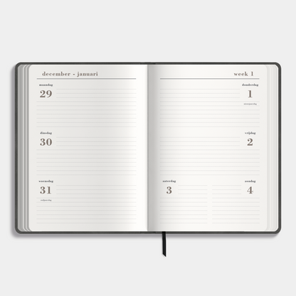 Luxe agenda 2026 A5 met gewolkte grijze suèdelook afwerking – binnenwerk met weekoverzicht.