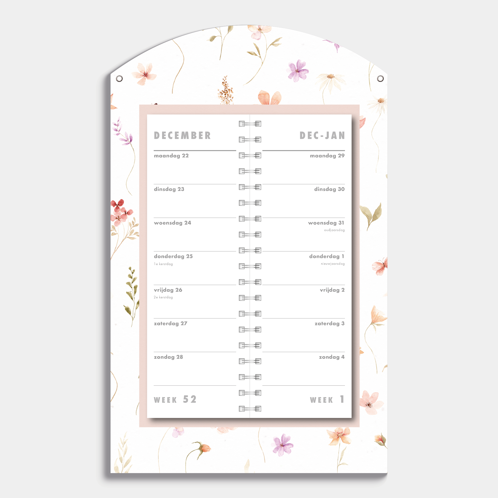 Luxe omslagkalender 2026 met 2-weeks overzicht op een kartonnen bord met print van kleine bloemetjes – binnenwerk met 2 weeks overzicht.