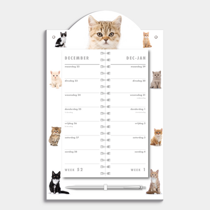 luxe omslagkalender 2026 met 2-weeks overzicht op een kartonnen bord met foto's van jonge katten en kittens – binnenwerk met 2 week overzicht.