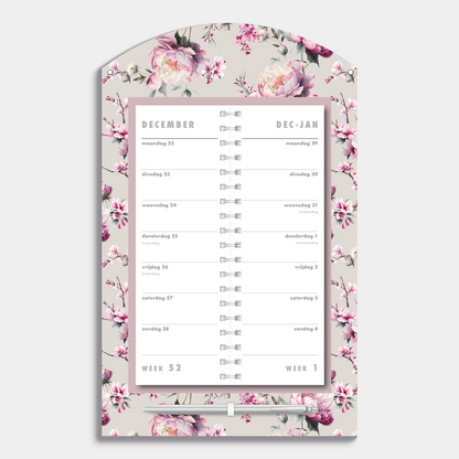 Luxe omslagkalender 2026 met kersenbloesemprint – binnenwerk met 2 weeks overzicht.