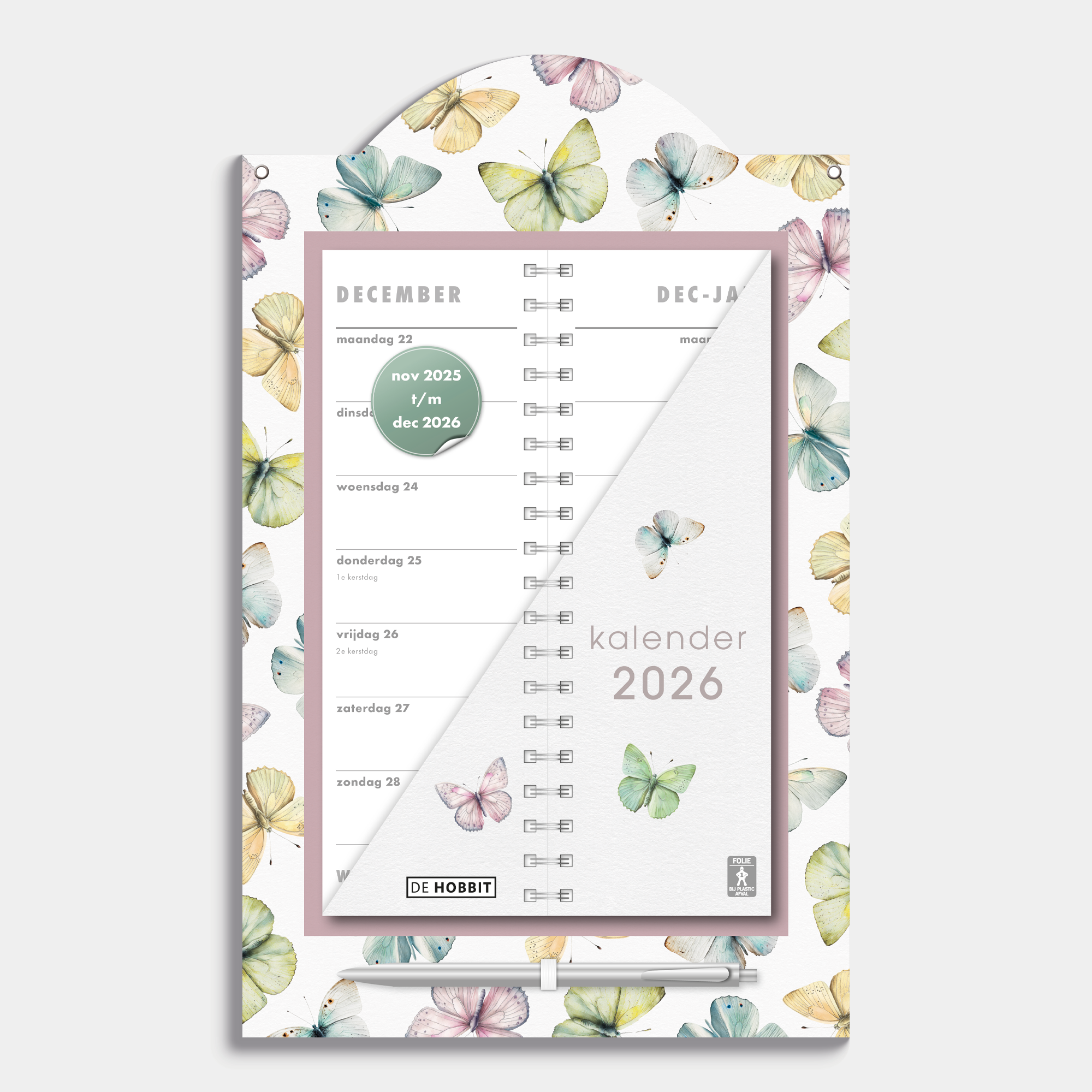 Luxe omslagkalender 2026 met 2-weeks overzicht op een kartonnen bord met motief van vlinders, voorzien van een pen en ophangkoord – vooraanzicht.