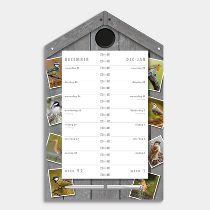 Luxe omslagkalender 2026 in de vorm van een vogelhuisje – binnenwerk met 2 weeks overzicht.