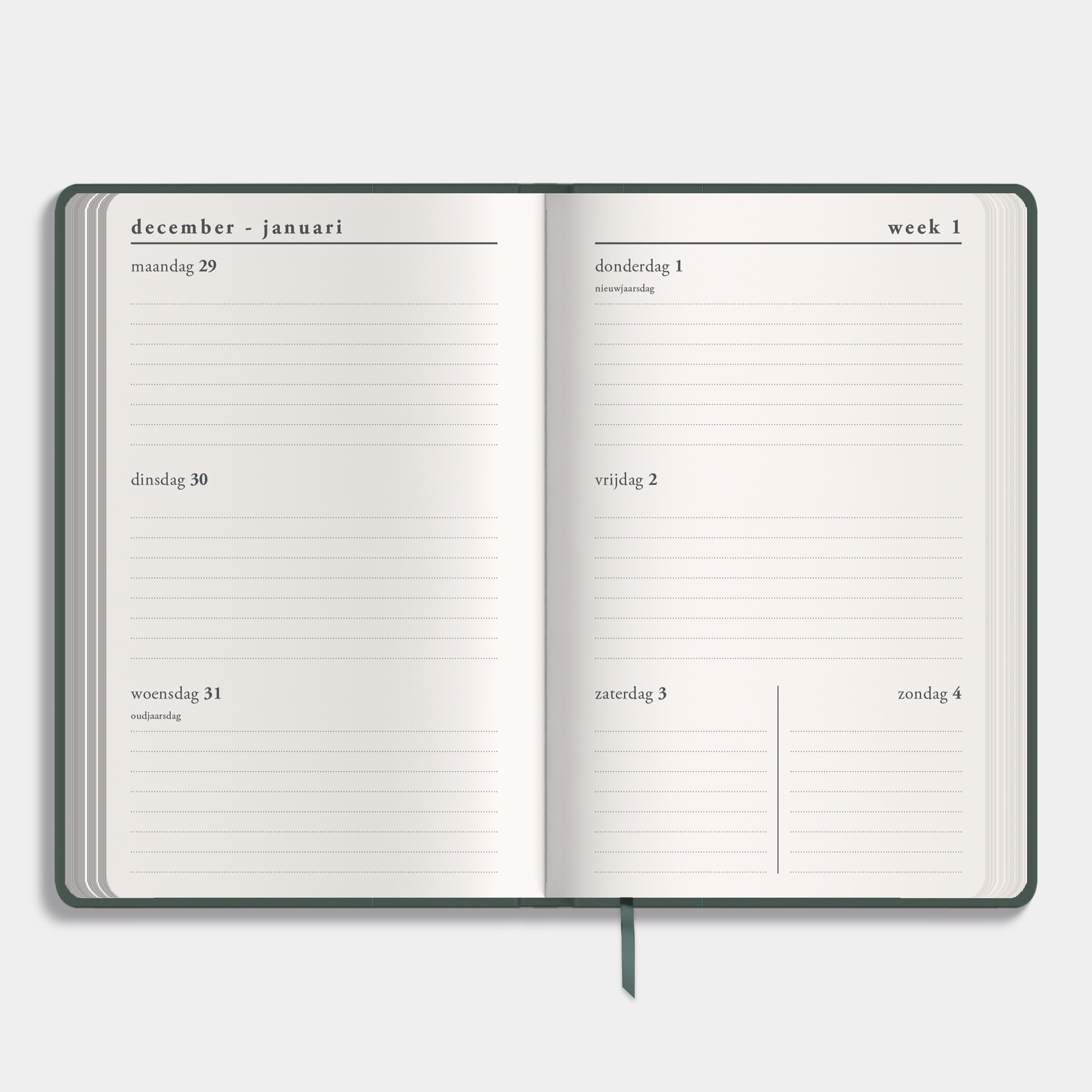 A6 agenda 2026 met suèdelook cover in donkergroen – binnenwerk met weekoverzicht.