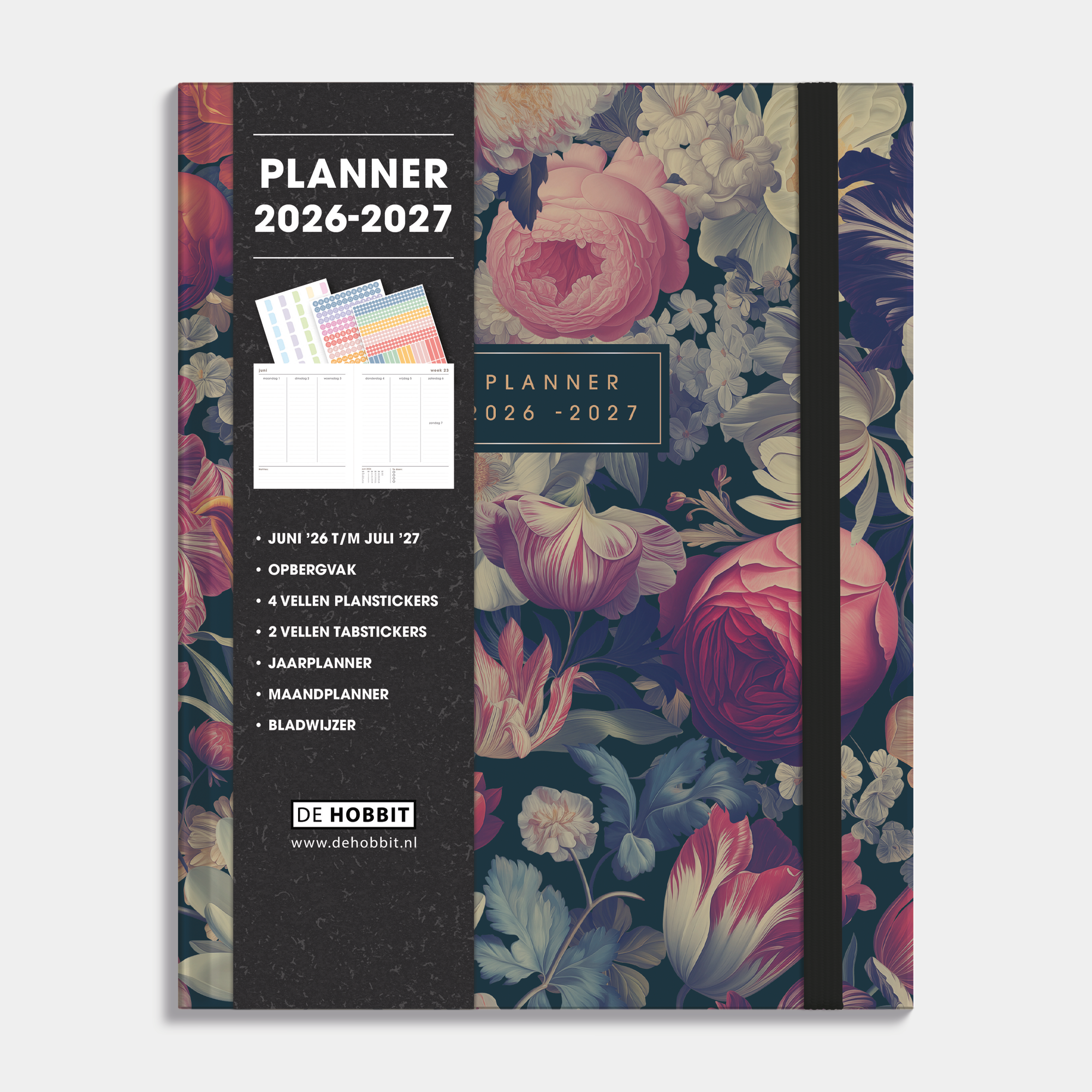 Luxe weekplanner 2026-2027 in A5+ formaat met een klassieke print van grote bloemen op een donkere achtergrond, harde cover en elastische sluiting – vooraanzicht met informatieve banderol.
