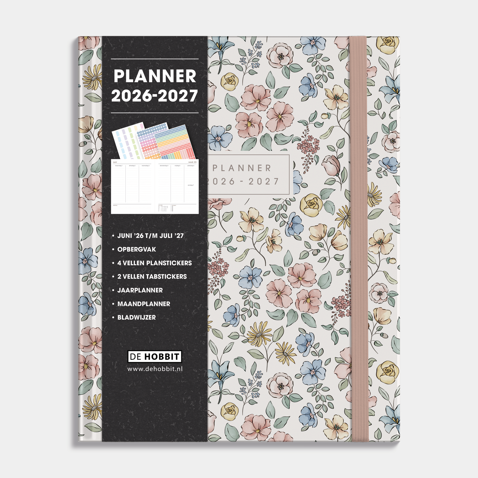 Luxe weekplanner 2026-2027 in A5+ formaat met een patroon van kleine bloemetjes in pasteltinten, met harde cover en elastische sluiting – vooraanzicht met informatieve banderol.