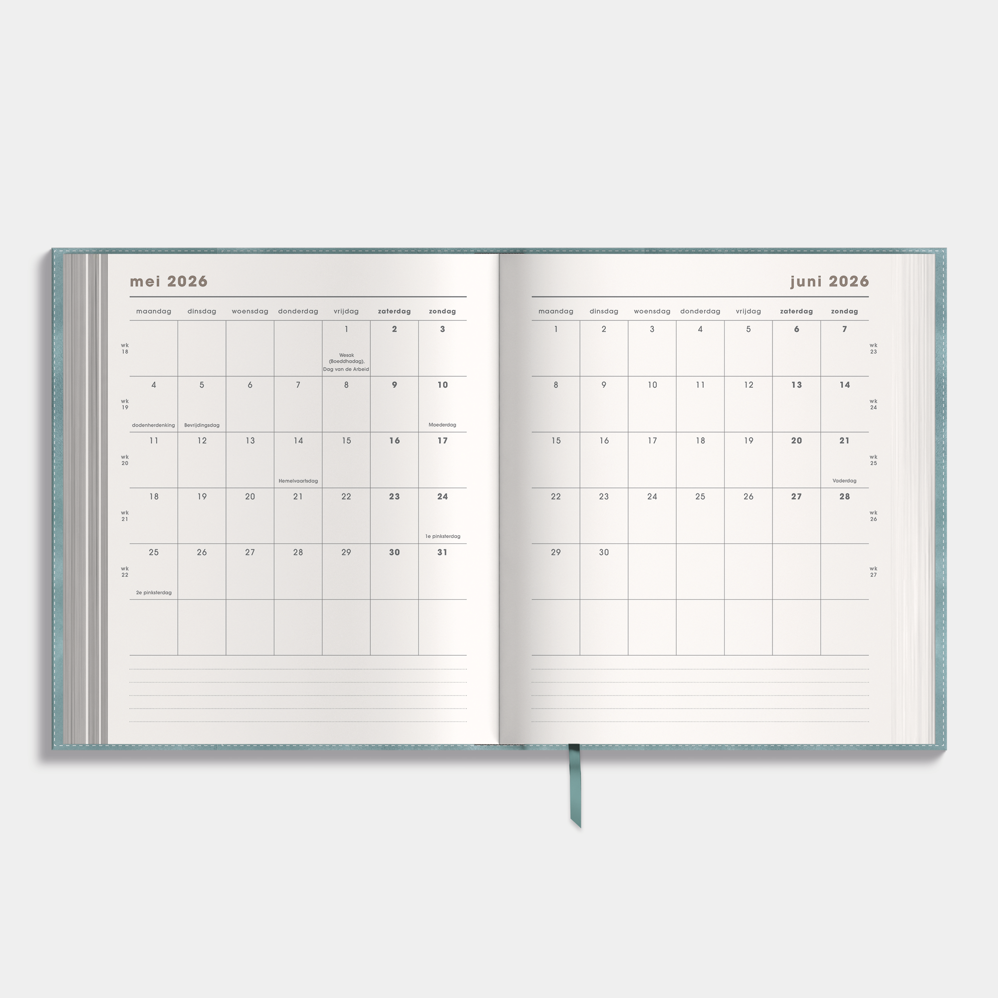 Luxe weekplanner 2026-2027 met een flexibele grijsblauwe suèdelook cover – maandplanner.