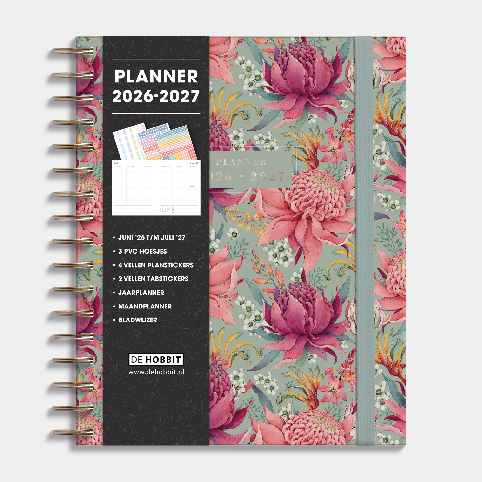 Luxe weekplanner 2026-2027 A5 met print van tropische bloemen, harde cover en elastische sluiting – vooraanzicht met informatieve banderol.