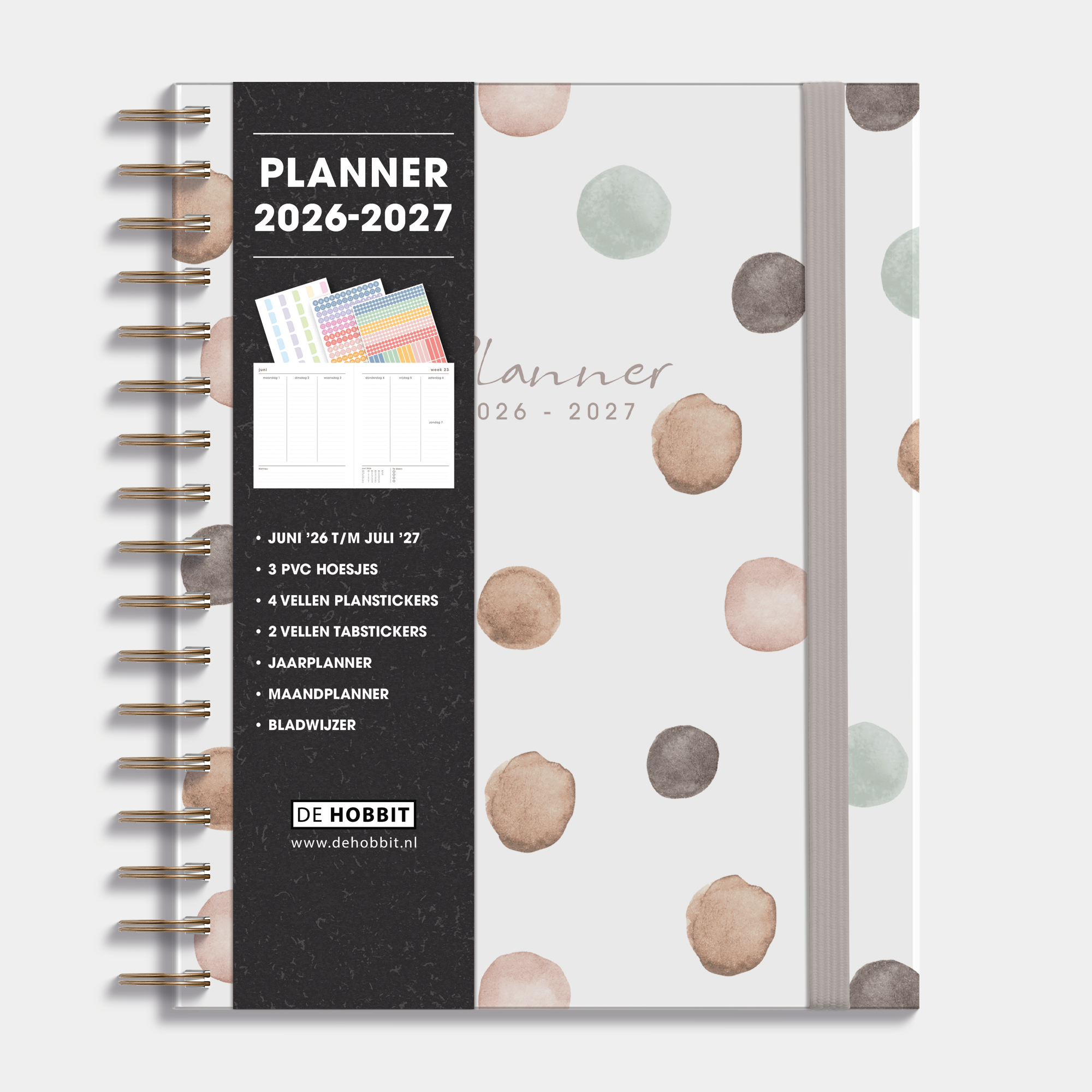 Luxe weekplanner 2026-2027 A5 met dessin van waterverfstippen, harde cover en elastische sluiting – vooraanzicht met informatieve banderol.